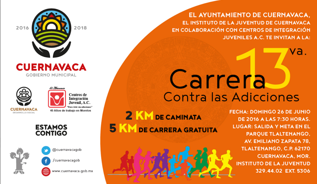 Convoca el Instituto de la Juventud de Cuernavaca a la 13va Carrera Contra Adicciones