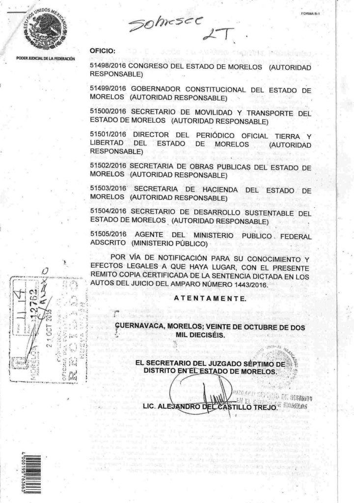 Oficio del Juzgado Séptimo de Distrito en el Estado de Morelos