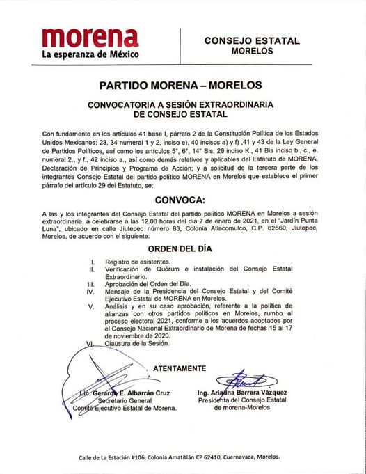 Convocan a sesión extraordinaria de Consejo Estatal de Morena para analizar  candidaturas comunes para Morelos avaladas por dirigencia nacional para  2021 – Conurbados